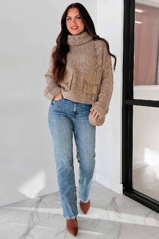 Act Now Tell Me Everything Cowl Neck Cargo Sweater (Taupe)
