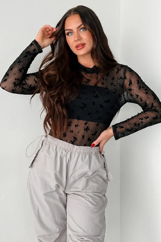 Last Chance DOORBUSTER Tell Me I'm Pretty Velvet Mesh Bodysuit (Black Floral)