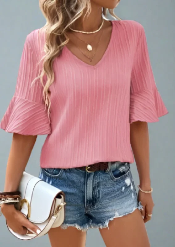New Markdowns Textured V-Neck Flounce Sleeve Blouse