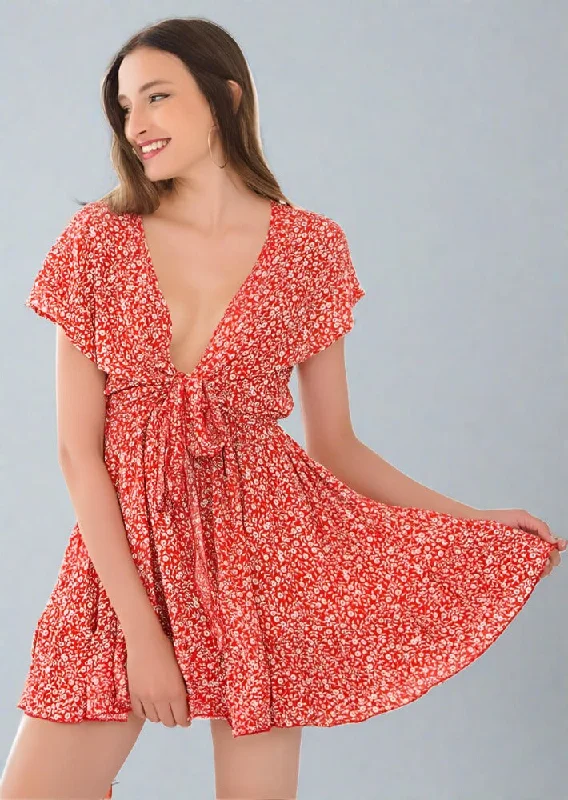 Tied Floral V-Neck Cap Sleeve Dress