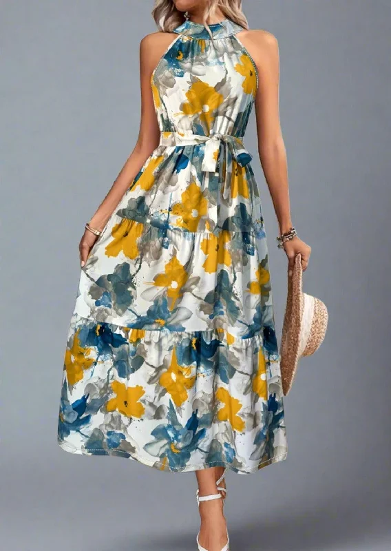 Tiered Printed Mock Neck Sleeveless Dress