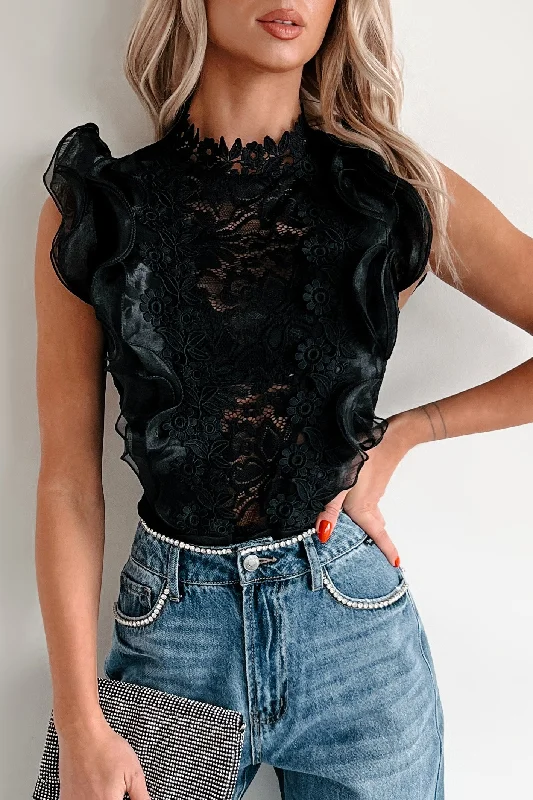 Weekend Deal Whimsical Woman Floral Lace Ruffle Bodysuit (Black)