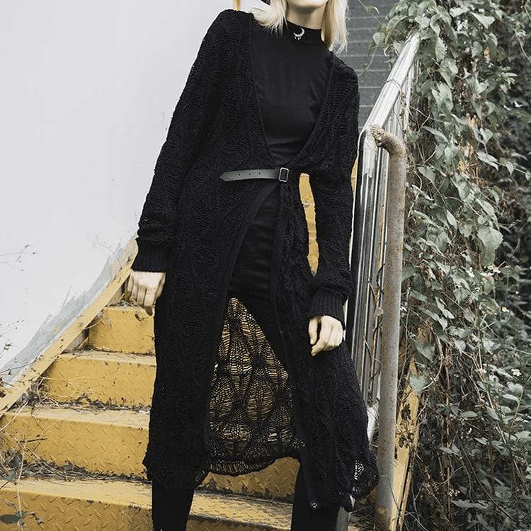New Deals Women's Goth Hollow Casual Long Cardigan With Belt