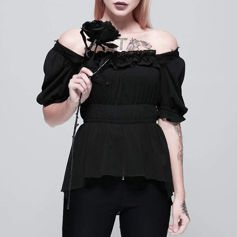 The Best Prices Women's Goth Square Collar Chiffon High/Low Top With Puff Sleeves