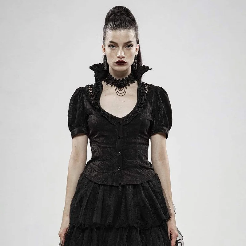 Online Only Women's Goth Stand Collar Puff Sleeved Black Shirts