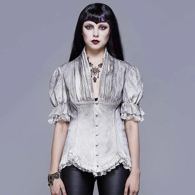 Deal Zone Women's Goth V-neck Single-breasted Lace Puff Sleeved Shirt