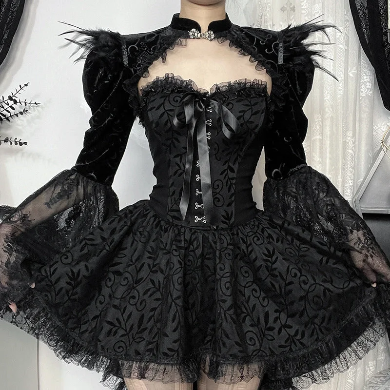 Women's Gothic Lace Velvet Feather Cape