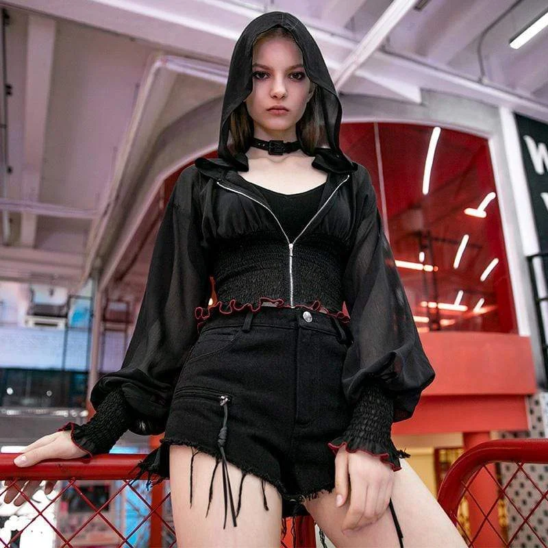 Best Bargains Women's Gothic Puff Sleeved Hooded Ruched Chiffon Sheer Jackets