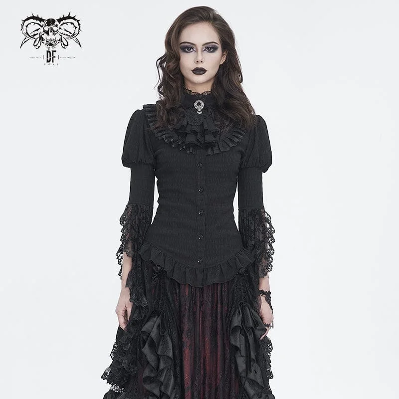 Super Bargain Women's Gothic Puff Sleeved Ruffled Shirt with Detached Neckwear