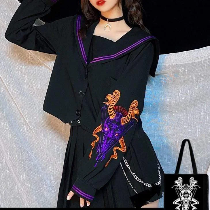 Amazing Deals Women's Gothic Sailor Collar Skull Embroidered Tops