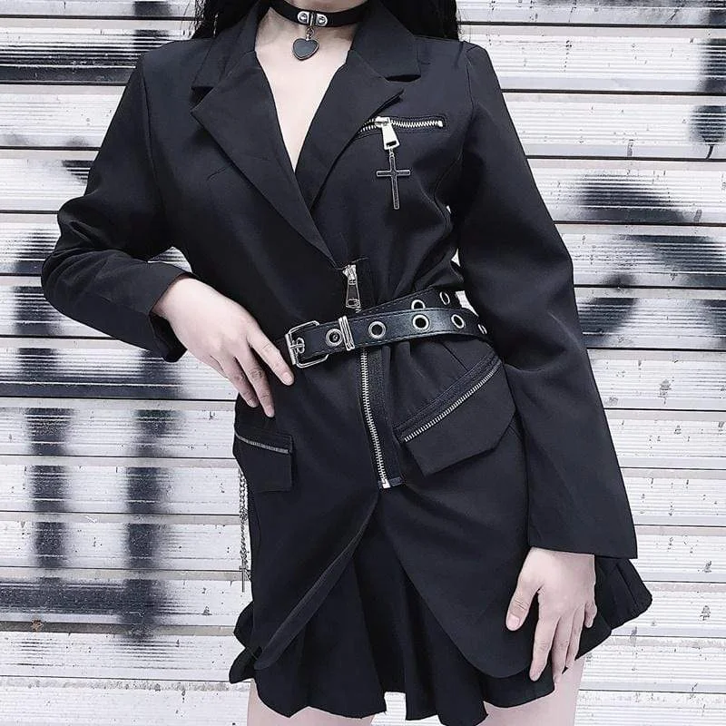 Lowest Prices Women's Gothic Solid Color Cross Zipper Jackets With Chain Belt