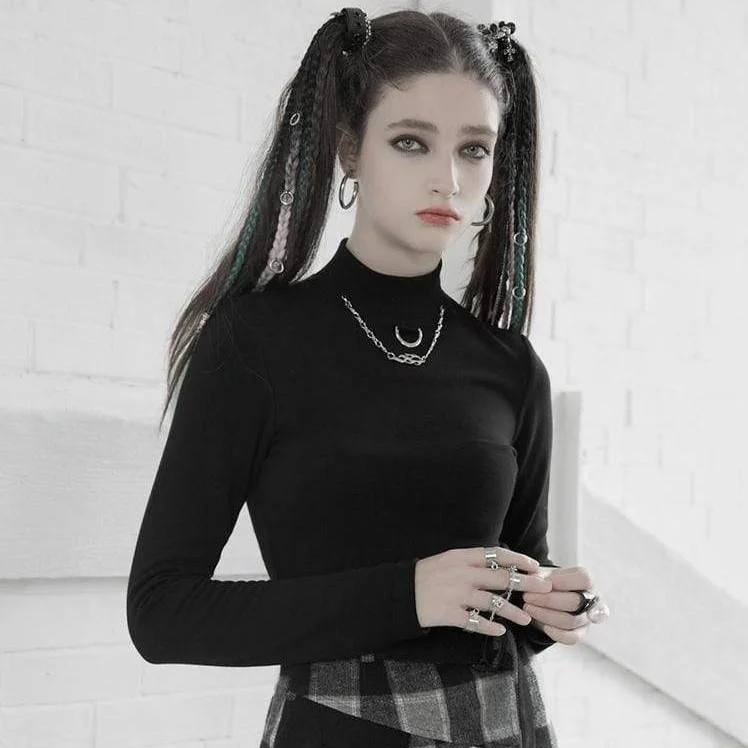 Today’s Deal Women's Grunge Stand Collar Long Sleeved Fitted T-shirts With Necklace