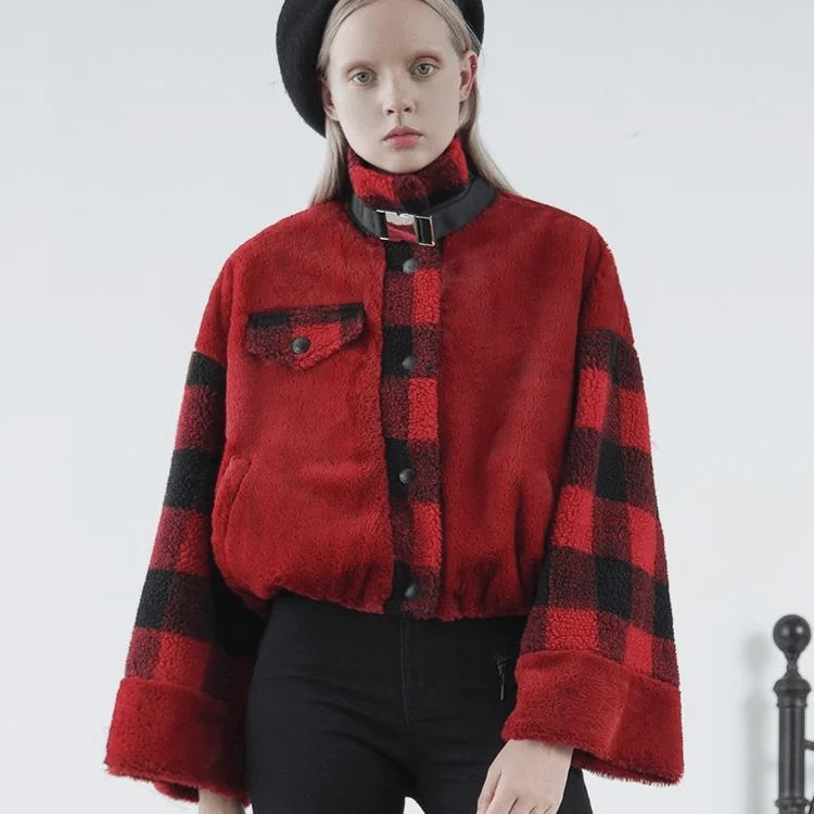Mega Sale Women's High Neck Trumpet Sleeved Plaid Pola Fleece Jackets With Neck Strap