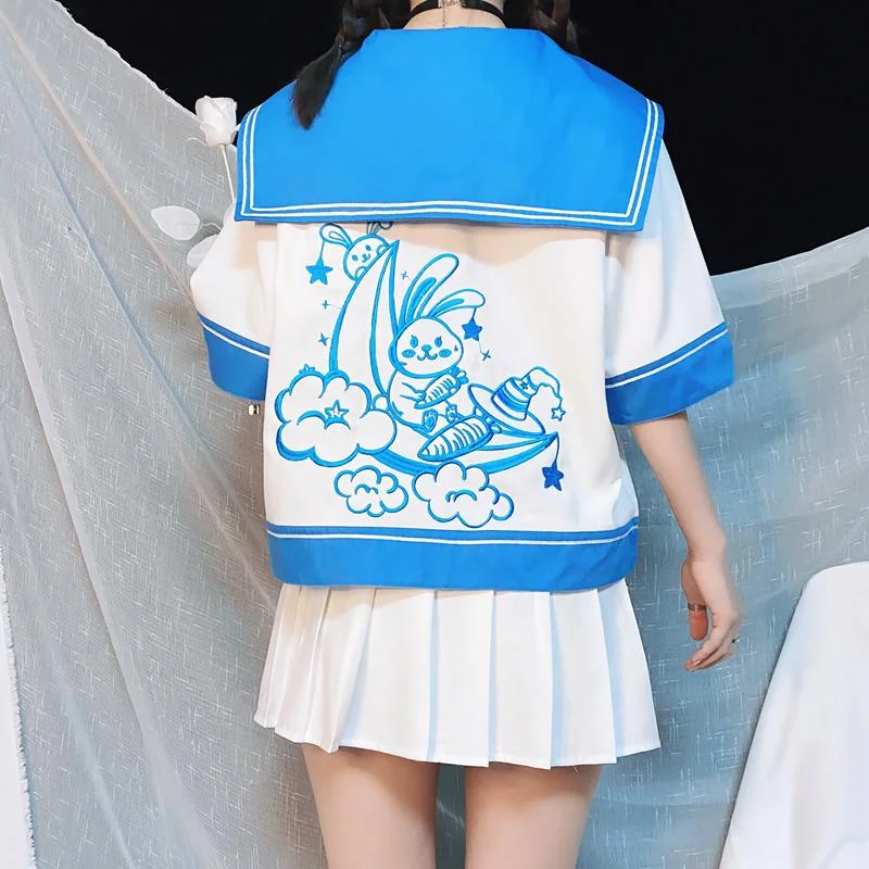 Stock Clearance Women's Kawaii Cartoon Rabbit Moon Embroidered Sailor Tops