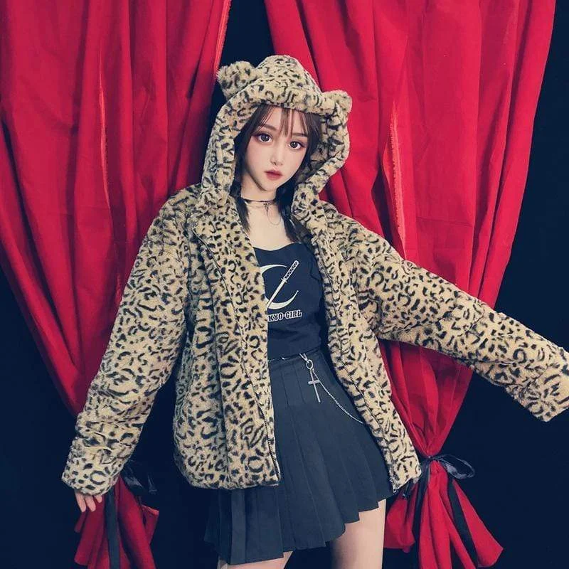 Early Bird Discount Women's Leopard Printed Zipper-fly Furry Jackets With Ears