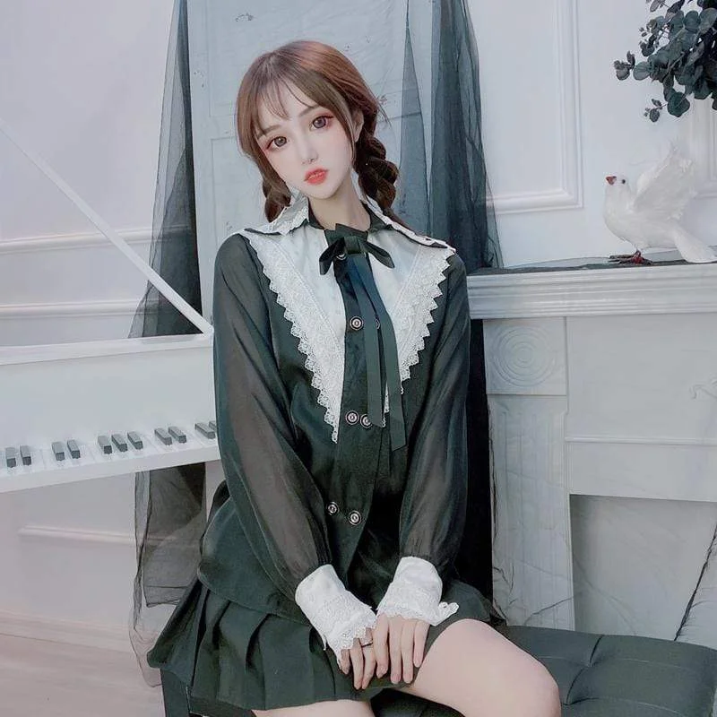 Referral Discount Women's Lolita Button-fly Lace Turn-down Collar Tops