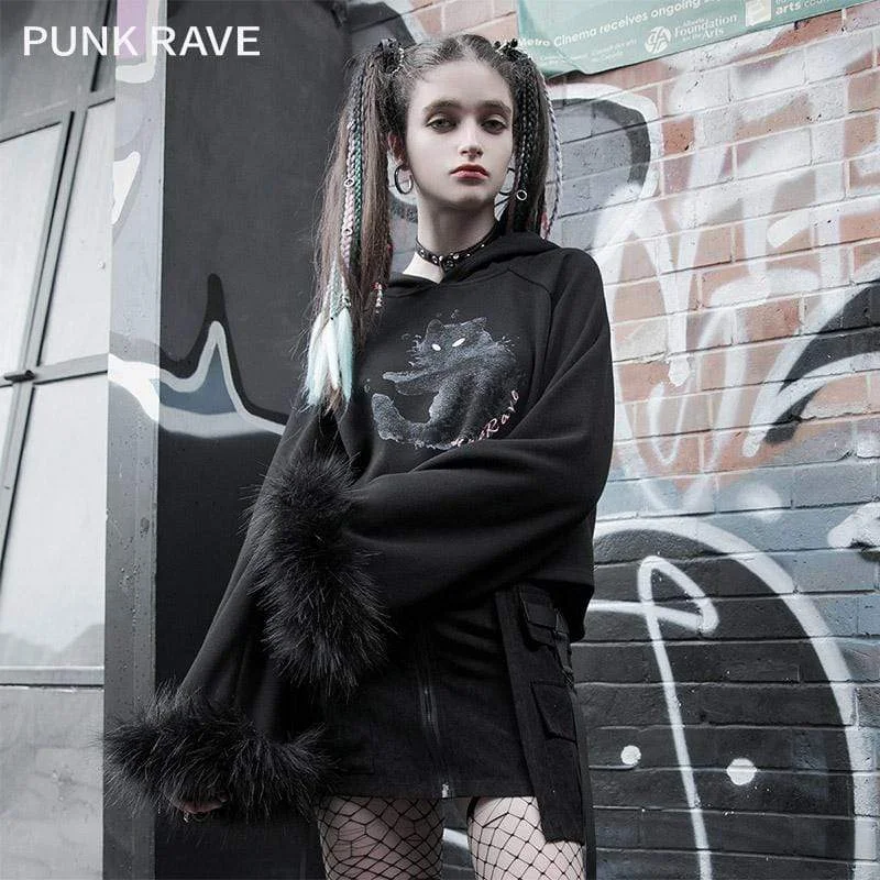 Final Clearance Women's Lolita Cat Printed Faux Fux Sleeved Sweaters With Cat Ears Hood
