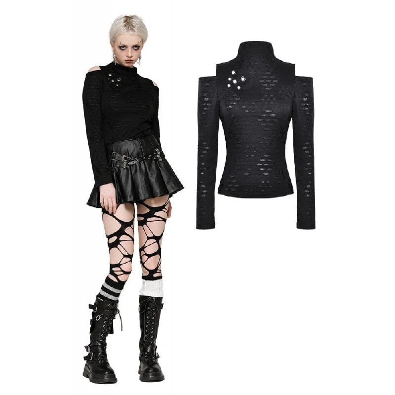 Price Break Women's Punk Ripped Eyelets Long Sleeved Blouse