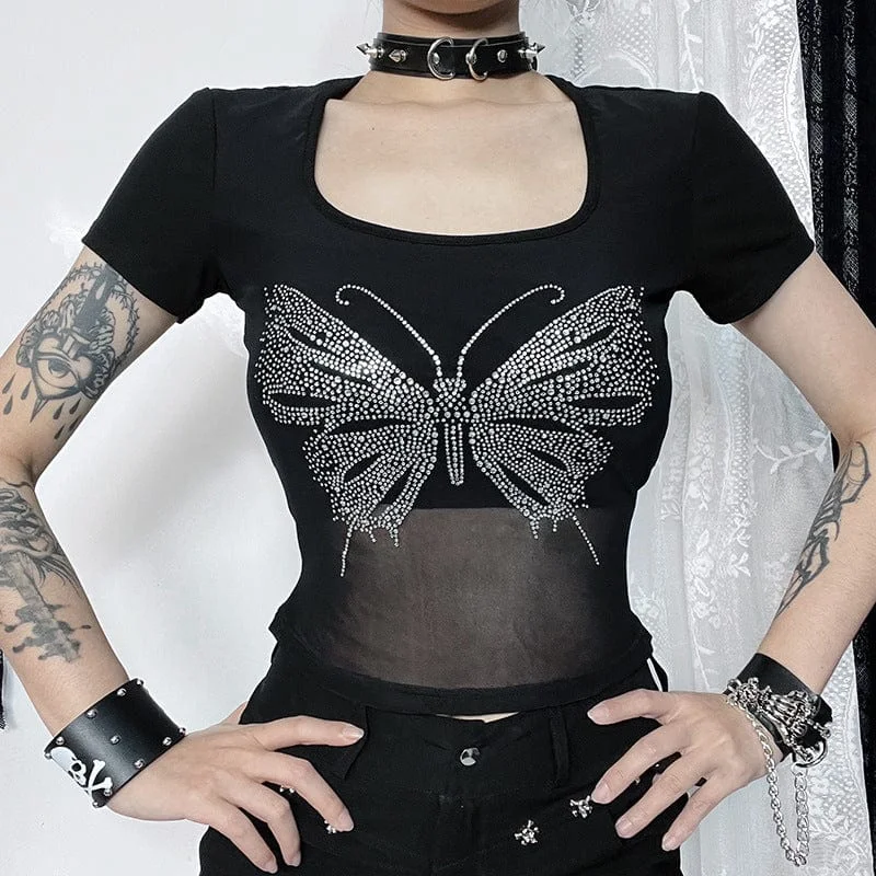 Special Discount Women's Punk Square-cut Collar Butterfly Rhinestone Shirt