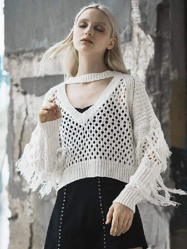 Loyalty Reward Women's Punk V-neck Halterneck Tassels Hollow Short Sweater