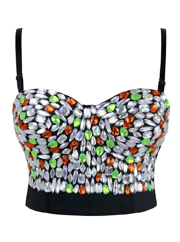 Act Now Women's Spaghetti Straps Rhinestone Beaded Push Up Bra Studded Gem Clubwear Party Bustier Crop Top
