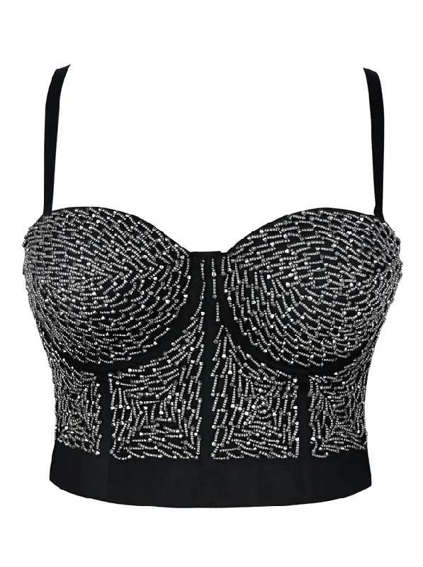 Online Exclusive Women's Steampunk Metallic Beaded Push Up Clubwear Bustier Crop Top Bra