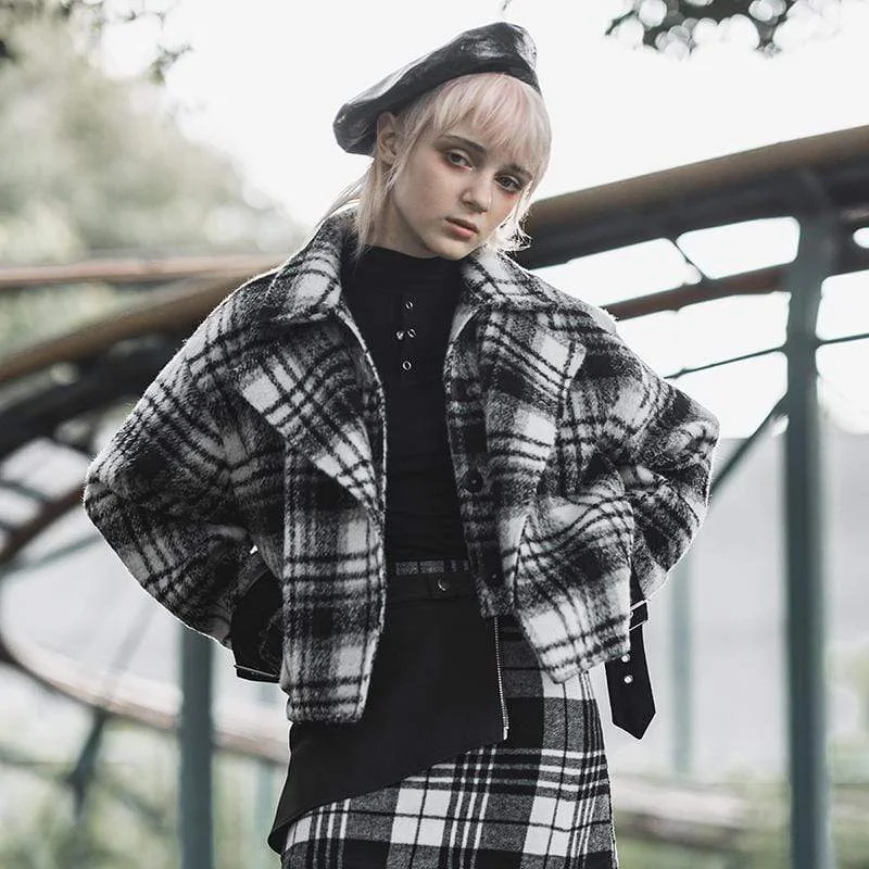 Savings Alert Women's Turn-down Collar Black&Wite Plaid Wollen Jacktes