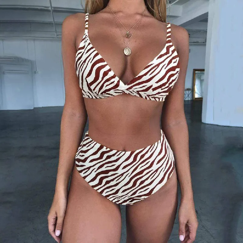 Instant Savings Women's Zebra Stripes Top With High Leg Bikini Set