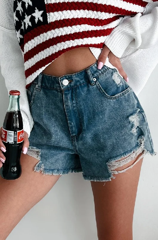 Big Discounts Avril High Rise Distressed Denim Shorts (Light Denim)
