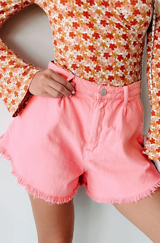 Super Sale Becky High Waist Frayed Hem Denim Shorts (Pink)