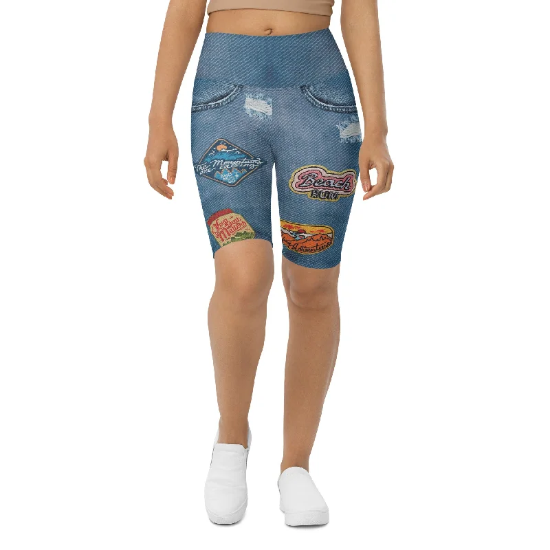 New Markdowns Denim Patch Print Biker Shorts