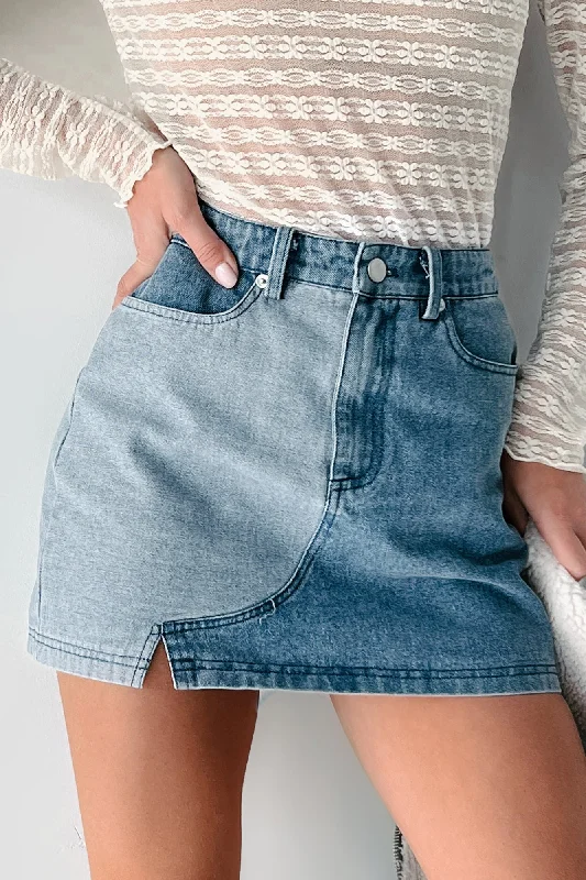 Talk About It Colorblock Denim Mini Skirt (Denim)